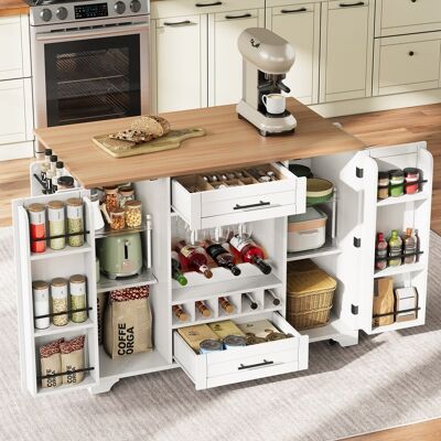 DREAMMESPACE Carrello Da Cucina 120x45/70x92 Cm - Con Piano Di Lavoro Ribaltabile, Portabottiglie, Portabicchieri, Ripiano Per Spezie - Bianco DREAMMESPACE Carrello Da Cucina 120x45/70x92 Cm - Con Piano Di Lavoro Ribaltabile, Portabottiglie, Portabicchieri, Ripiano Per Spezie - Bianco