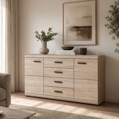 DMORA Credenza Hamireso, Madia 4 Cassetti, 2 Ripiani, Apertura Battente, Scorrevole, 140x42x87h Cm Marrone Rovere DMORA Credenza Hamireso, Madia 4 Cassetti, 2 Ripiani, Apertura Battente, Scorrevole, 140x42x87h Cm Marrone Rovere