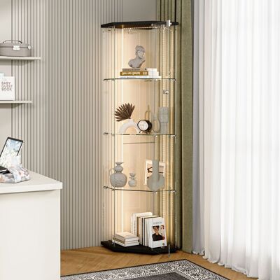 BRILVERDE Vetrina D'Angolo Pentagonale 60x44,5x162 Cm, Mobile Vetrina In Vetro Temperato 4 Livelli Con Led Regolabile, Armadio Vetrato Chiudibile A Chiave Con Ripiani Rimovibili, Base Nera BRILVERDE Vetrina D'Angolo Pentagonale 60x44,5x162 Cm, Mobile Vetrina In Vetro Temperato 4 Livelli Con Led Regolabile, Armadio Vetrato Chiudibile A Chiave Con Ripiani Rimovibili, Base Nera