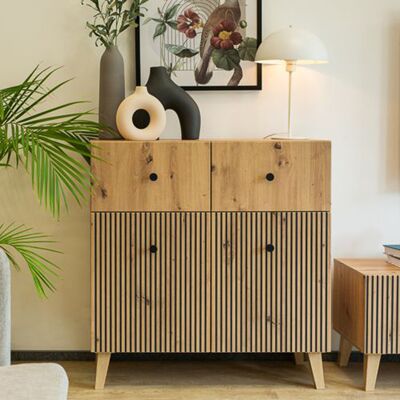 DMORA Credenza Lenema, Madia 2 Ripiani, 2 Cassetti, 4 Vani, 91x42x95h Cm Marrone Rovere DMORA Credenza Lenema, Madia 2 Ripiani, 2 Cassetti, 4 Vani, 91x42x95h Cm Marrone Rovere