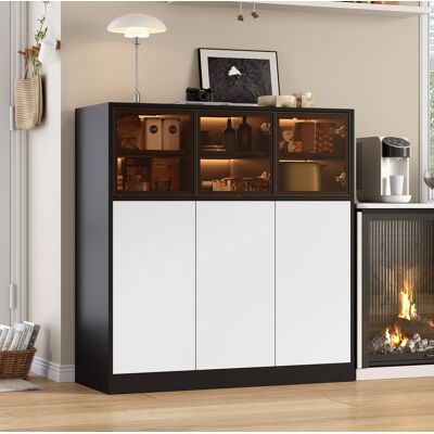 REDOM - Credenza 100x40x105 Cm, 6 Ante, 14 Scomparti, Illuminazione Led 24 Colori, Vetro E Pannello Truciolare Nero E Bianco REDOM - Credenza 100x40x105 Cm, 6 Ante, 14 Scomparti, Illuminazione Led 24 Colori, Vetro E Pannello Truciolare Nero E Bianco