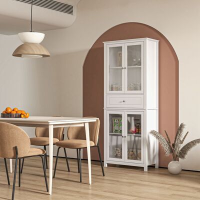PZCC Mobile Da Cucina Con Vetrina, 4 Ante In Vetro Temperato, Cassetto E Ripiani Regolabili, 74x35,5x181,5 Cm, Colore Bianco. PZCC Mobile Da Cucina Con Vetrina, 4 Ante In Vetro Temperato, Cassetto E Ripiani Regolabili, 74x35,5x181,5 Cm, Colore Bianco.