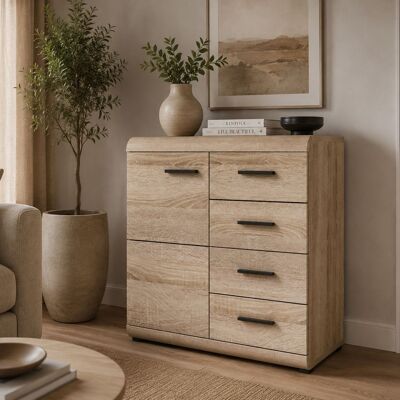 DMORA Credenza Hamo, Madia 4 Cassetti, 2 Ripiani, Apertura Battente, Scorrevole, 80x42x87h Cm Marrone Rovere DMORA Credenza Hamo, Madia 4 Cassetti, 2 Ripiani, Apertura Battente, Scorrevole, 80x42x87h Cm Marrone Rovere