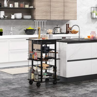 PZCC Carrello Da Cucina Con Cassetto, 4 Cesti Di Frutta Estraibili E Piano In Ceramica, Carrello Cucina Salvaspazio Con 4 Ripiani Laterali In Legno Di Pino E Metallo, 57x37x83 Cm, Nero PZCC Carrello Da Cucina Con Cassetto, 4 Cesti Di Frutta Estraibili E Piano In Ceramica, Carrello Cucina Salvaspazio Con 4 Ripiani Laterali In Legno Di Pino E Metallo, 57x37x83 Cm, Nero