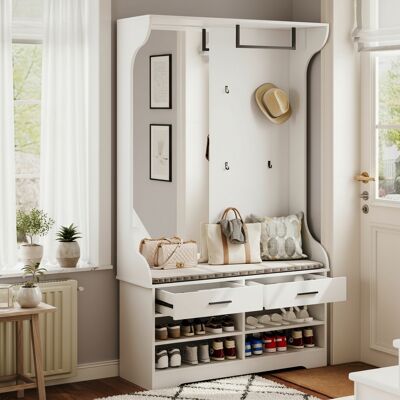 NMONET Set Mobili Ingresso Con Appendiabiti, Specchio, 4 Ganci, Barra Appendiabiti, 2 Cassetti, Scarpiera E Panca Imbottita - Bianco NMONET Set Mobili Ingresso Con Appendiabiti, Specchio, 4 Ganci, Barra Appendiabiti, 2 Cassetti, Scarpiera E Panca Imbottita - Bianco