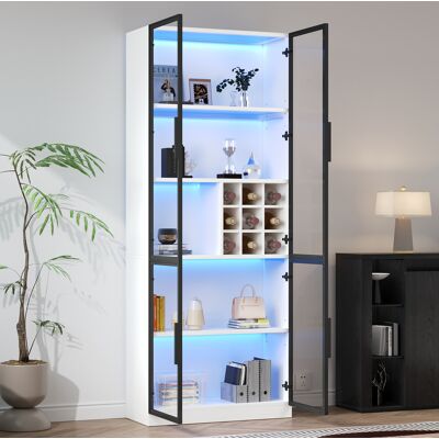 COVREO Vetrina 80x35x200 Cm Bianca In Truciolare Con Vetro E Led, 5 Ripiani, Portabottiglie E Ante In Vetro COVREO Vetrina 80x35x200 Cm Bianca In Truciolare Con Vetro E Led, 5 Ripiani, Portabottiglie E Ante In Vetro