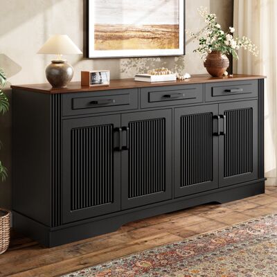 MODFU Vetrina 160x40x75 Cm Con 3 Cassetti E 4 Ante Scanalate, Contenitore Per Soggiorno O Sala Da Pranzo, Mdf - Nero MODFU Vetrina 160x40x75 Cm Con 3 Cassetti E 4 Ante Scanalate, Contenitore Per Soggiorno O Sala Da Pranzo, Mdf - Nero