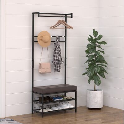 COVREO Appendiabiti Con Panca 72.5x35x180 Cm Nero In Metallo Con 5 Ganci E 2 Ripiani Per Scarpe COVREO Appendiabiti Con Panca 72.5x35x180 Cm Nero In Metallo Con 5 Ganci E 2 Ripiani Per Scarpe