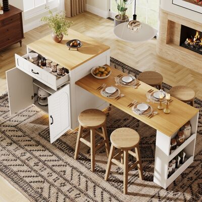 MODENVIE Isola Da Cucina Con 4 Ante, 2 Cassetti, Ripiano Aperto, Portabottiglie E Tavolo Estensibile, Mdf, 80 X 70 X 95.5 Cm MODENVIE Isola Da Cucina Con 4 Ante, 2 Cassetti, Ripiano Aperto, Portabottiglie E Tavolo Estensibile, Mdf, 80 X 70 X 95.5 Cm
