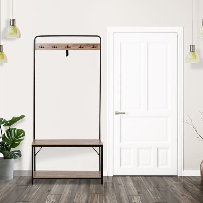 PZCC 3 In 1 Appendiabiti Con Panca E Scarpiera In Stile Industriale, Mobile Per Ingresso Vintage In Legno E Acciaio, 80.5x30x170 Cm, Nero PZCC 3 In 1 Appendiabiti Con Panca E Scarpiera In Stile Industriale, Mobile Per Ingresso Vintage In Legno E Acciaio, 80.5x30x170 Cm, Nero