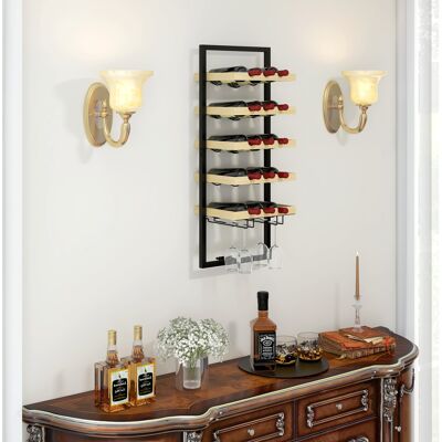PZCC Portabottiglie Da Parete In Legno E Acciaio, Porta Bottiglie Di Vino 15 Bottiglie E 4 Calici, Cantinetta Vino Per Bar, Cucina, Salotto, Sala Da Pranzo E Ristorante, Color Legno PZCC Portabottiglie Da Parete In Legno E Acciaio, Porta Bottiglie Di Vino 15 Bottiglie E 4 Calici, Cantinetta Vino Per Bar, Cucina, Salotto, Sala Da Pranzo E Ristorante, Color Legno
