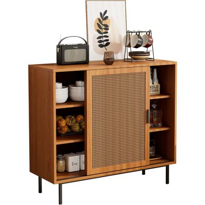 STILVORA Credenza E Madia Con 2 Ante Scorrevoli In Rattan E 3 Ripiani Regolabili, Stile Country, In Pannello Truciolare, 100×37×90 Cm, Noce STILVORA Credenza E Madia Con 2 Ante Scorrevoli In Rattan E 3 Ripiani Regolabili, Stile Country, In Pannello Truciolare, 100×37×90 Cm, Noce