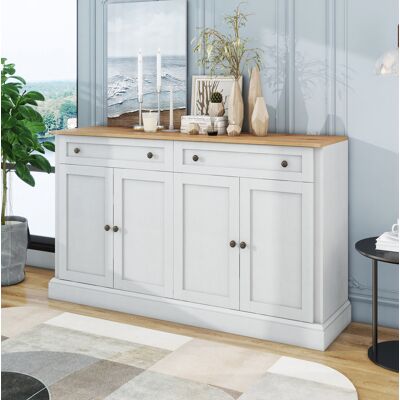 COVREO Madia 150x40x86 Cm Bianco E Legno Naturale In Truciolato Con 4 Ante, 2 Cassetti E Ripiani Regolabili COVREO Madia 150x40x86 Cm Bianco E Legno Naturale In Truciolato Con 4 Ante, 2 Cassetti E Ripiani Regolabili