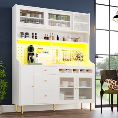 BEAOK Credenza Alta In Mdf E Vetro Bianco Con Led Usb, Ripiani Regolabili, Cassetto Portabottiglie E Portacalici, 145x39x171 Cm BEAOK Credenza Alta In Mdf E Vetro Bianco Con Led Usb, Ripiani Regolabili, Cassetto Portabottiglie E Portacalici, 145x39x171 Cm