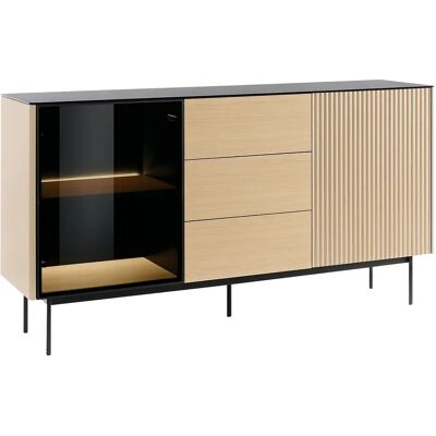 Unique Credenza 2 Ante E 3 Cassetti Con Led In Mdf E Vetro Fumé Naturale Chiaro E Nero - Sayera Unique Credenza 2 Ante E 3 Cassetti Con Led In Mdf E Vetro Fumé Naturale Chiaro E Nero - Sayera