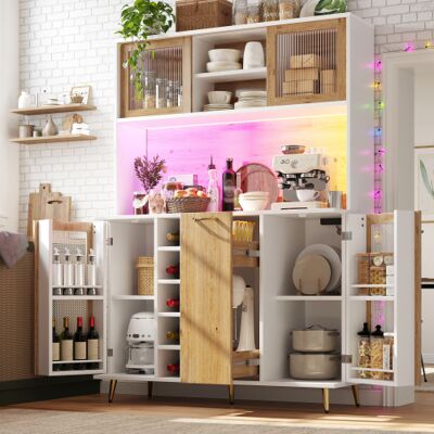 OKWISH Buffet Con Led, Portabottiglie, Cassetto E 5 Ante, Bianco E Legno, 120x40x170 Cm OKWISH Buffet Con Led, Portabottiglie, Cassetto E 5 Ante, Bianco E Legno, 120x40x170 Cm
