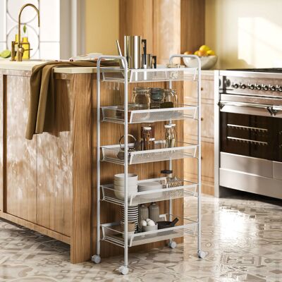 PZCC Carrello Portaoggetti A 5 Ripiani, Con Ruote, Cestini Rimovibili E 4 Ganci, 45x26,5x106 Cm, Bianco. PZCC Carrello Portaoggetti A 5 Ripiani, Con Ruote, Cestini Rimovibili E 4 Ganci, 45x26,5x106 Cm, Bianco.