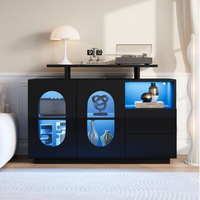 BEAOK Madia In Legno Ingegnerizzato Nera 120x40x80 Cm Con Led, Vetrina In Vetro, Ripiani Regolabili E Cassetti BEAOK Madia In Legno Ingegnerizzato Nera 120x40x80 Cm Con Led, Vetrina In Vetro, Ripiani Regolabili E Cassetti