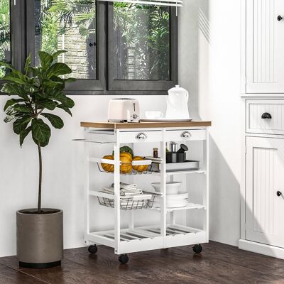 PZCC Carrello Da Cucina Multiuso Con 2 Cassetti, 6 Portabottiglie, 2 Ripiani Laterali E 2 Cestelli, Carrello In Legno Di Pino, 74x37x76 Cm, Bianco PZCC Carrello Da Cucina Multiuso Con 2 Cassetti, 6 Portabottiglie, 2 Ripiani Laterali E 2 Cestelli, Carrello In Legno Di Pino, 74x37x76 Cm, Bianco
