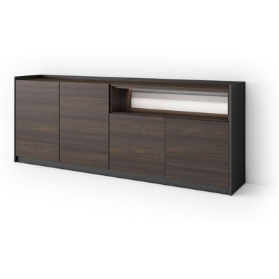 SKRAUT HOME - Credenza, Mobile, Cucina, Madia, Mobile Ingresso, 207x37x80cm, 4 Porte, Led, Stile Moderno, Rovere Scuro E Nero SKRAUT HOME - Credenza, Mobile, Cucina, Madia, Mobile Ingresso, 207x37x80cm, 4 Porte, Led, Stile Moderno, Rovere Scuro E Nero