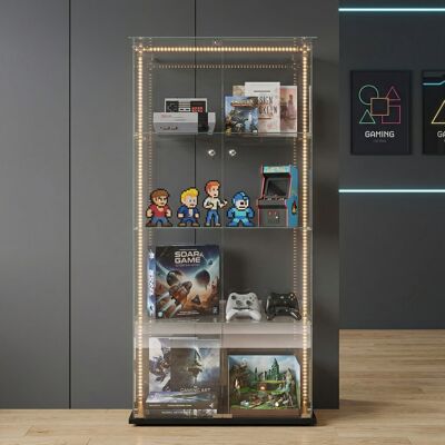 LONELYO Vetrina In Vetro A 4 Ripiani Con 2 Ante, Mobile Espositore Con Striscia Luminosa Led E Serratura, Armadio In Vetro Temperato, 78,5x35x163 Cm, Stile Moderno, Nero LONELYO Vetrina In Vetro A 4 Ripiani Con 2 Ante, Mobile Espositore Con Striscia Luminosa Led E Serratura, Armadio In Vetro Temperato, 78,5x35x163 Cm, Stile Moderno, Nero