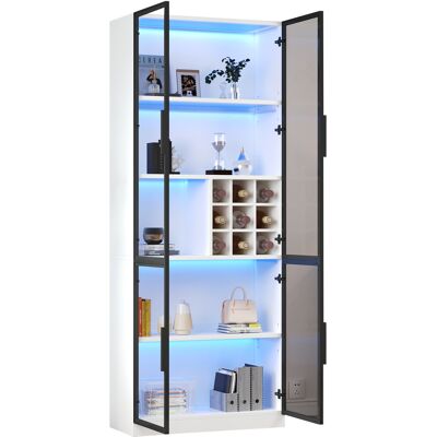 STILVORA Vetrina Libreria Con 2 Ante In Vetro, 5 Ripiani, Portabottiglie E Led Per Soggiorno O Cucina, In Pannello, Bianco, 80×35×200 Cm STILVORA Vetrina Libreria Con 2 Ante In Vetro, 5 Ripiani, Portabottiglie E Led Per Soggiorno O Cucina, In Pannello, Bianco, 80×35×200 Cm