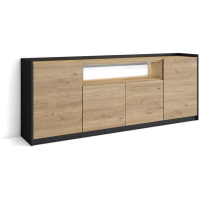 SKRAUT HOME - Credenza, Mobile, Cucina, Madia, Mobile Ingresso, 207x37x80cm, 4 Porte, Led, Stile Moderno, Rovere E Nero SKRAUT HOME - Credenza, Mobile, Cucina, Madia, Mobile Ingresso, 207x37x80cm, 4 Porte, Led, Stile Moderno, Rovere E Nero