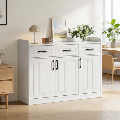 OKWISH Credenze E Buffet Con 3 Cassetti E 3 Ante, Maniglie E Ripiani Regolabili, In Bianco, 120x35x80 Cm OKWISH Credenze E Buffet Con 3 Cassetti E 3 Ante, Maniglie E Ripiani Regolabili, In Bianco, 120x35x80 Cm