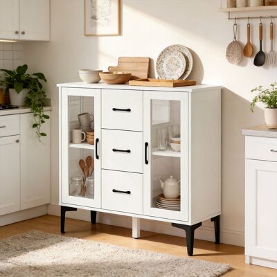PZCC Credenza Moderna Con Ante A Chiusura Ammortizzata, Mobile Buffet Con 3 Cassetti, 2 Ante In Vetro, Ripiani Regolabili, Mdf, Bianco PZCC Credenza Moderna Con Ante A Chiusura Ammortizzata, Mobile Buffet Con 3 Cassetti, 2 Ante In Vetro, Ripiani Regolabili, Mdf, Bianco