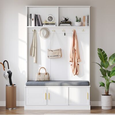 COVREO Appendiabiti Con Panca 120x40x191 Cm Bianco In Pannelli Di Particelle Con Scarpiera, 6 Ganci E Ripiani COVREO Appendiabiti Con Panca 120x40x191 Cm Bianco In Pannelli Di Particelle Con Scarpiera, 6 Ganci E Ripiani