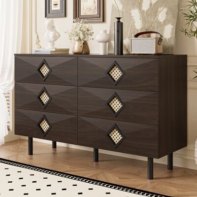 SOLKVUNZA Comò Cassettiera 6 Cassetti Con Maniglie In Rattan 120 X 40 X 74.5 Cm Colore Noce Mobile Contenitore Stile Boho Chic E Rustico Con Piedi In Metallo Per Camera Da Letto E Soggiorno SOLKVUNZA Comò Cassettiera 6 Cassetti Con Maniglie In Rattan 120 X 40 X 74.5 Cm Colore Noce Mobile Contenitore Stile Boho Chic E Rustico Con Piedi In Metallo Per Camera Da Letto E Soggiorno