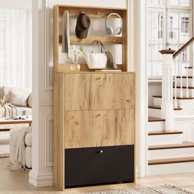 SOLKVUNZA Scarpiera Con Appendiabiti E 3 Cassetti A Ribalta, Guardaroba Da Ingresso Salvaspazio 75x24x180 Cm Legno E Nero Stile Moderno SOLKVUNZA Scarpiera Con Appendiabiti E 3 Cassetti A Ribalta, Guardaroba Da Ingresso Salvaspazio 75x24x180 Cm Legno E Nero Stile Moderno