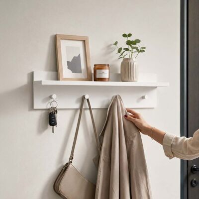 THE WHITE STONE Appendiabiti Da Parete Con 4 Ganci E Mensola Attaccapanni Moderno Bianco Salvaspazio Per Ingresso, Corridoio E Camera Organizer Da Muro 80x15x23 Cm THE WHITE STONE Appendiabiti Da Parete Con 4 Ganci E Mensola Attaccapanni Moderno Bianco Salvaspazio Per Ingresso, Corridoio E Camera Organizer Da Muro 80x15x23 Cm