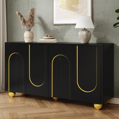 MODFU Vetrina A 4 Ante 140x40x74 Cm Con Decorazione Ad Arco Dorato, Ripiani, Gambe In Metallo, Mdf Nero MODFU Vetrina A 4 Ante 140x40x74 Cm Con Decorazione Ad Arco Dorato, Ripiani, Gambe In Metallo, Mdf Nero