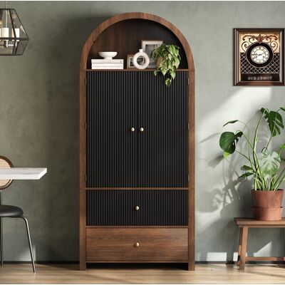 MODFU Credenza E Buffet 80x40x180 Cm Con Ripiani, Nicchia A Giorno E 2 Cassetti, Effetto Noce, Mdf Nero Naturale MODFU Credenza E Buffet 80x40x180 Cm Con Ripiani, Nicchia A Giorno E 2 Cassetti, Effetto Noce, Mdf Nero Naturale