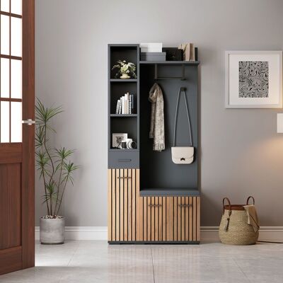 MODFU Appendiabiti Da Ingresso 80x35x175 Cm Con 2 Ante, 1 Cassetto, 5 Ripiani, 2 Ganci, Panca Imbottita, Nero E Legno MODFU Appendiabiti Da Ingresso 80x35x175 Cm Con 2 Ante, 1 Cassetto, 5 Ripiani, 2 Ganci, Panca Imbottita, Nero E Legno