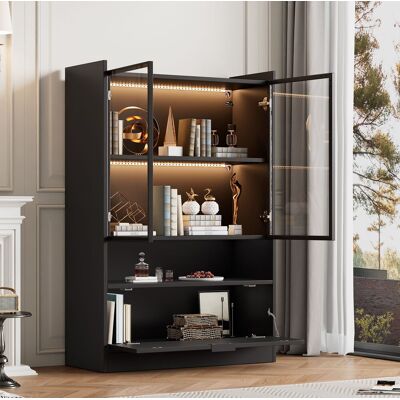 BEAOK Vetrina In Truciolare Nero Opaco Con Ante In Vetro Temprato, Led, 80x35x120 Cm, Anta A Ribalta BEAOK Vetrina In Truciolare Nero Opaco Con Ante In Vetro Temprato, Led, 80x35x120 Cm, Anta A Ribalta