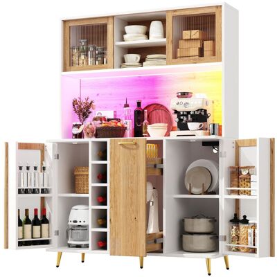 STILVORA Credenza Da Cucina Con 5 Ante, 1 Cassetto, Portabottiglie, Ripiano Per Snack, Led E Presa, In Mdf, Bianco Legno STILVORA Credenza Da Cucina Con 5 Ante, 1 Cassetto, Portabottiglie, Ripiano Per Snack, Led E Presa, In Mdf, Bianco Legno