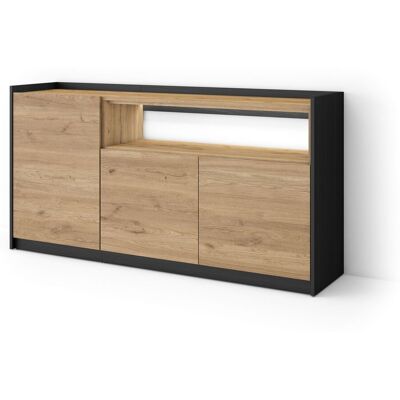 SKRAUT HOME - Credenza, Mobile, Cucina, Madia, Mobile Ingresso, 156x37x80cm, 3 Porte, Led, Stile Moderno, Rovere E Nero SKRAUT HOME - Credenza, Mobile, Cucina, Madia, Mobile Ingresso, 156x37x80cm, 3 Porte, Led, Stile Moderno, Rovere E Nero
