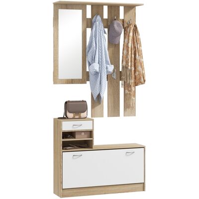 TORMATOR Mobile Appendiabiti 3 In 1 Con Scarpiera E Specchio, Ganci E Cassetti, In Legno, 90x10x91 Cm, Bianco E Quercia TORMATOR Mobile Appendiabiti 3 In 1 Con Scarpiera E Specchio, Ganci E Cassetti, In Legno, 90x10x91 Cm, Bianco E Quercia