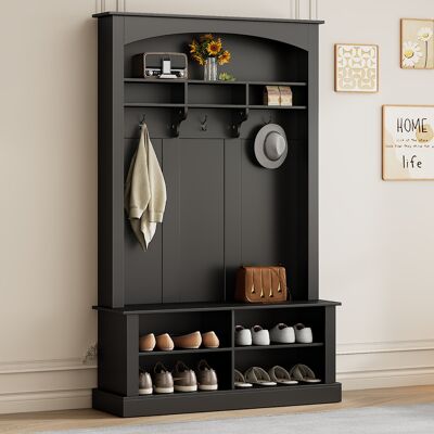 COVREO Mobile Ingresso 120x40x190 Cm Nero In Truciolare Con Panca, Appendiabiti, Scarpiera E Ripiani Regolabili COVREO Mobile Ingresso 120x40x190 Cm Nero In Truciolare Con Panca, Appendiabiti, Scarpiera E Ripiani Regolabili
