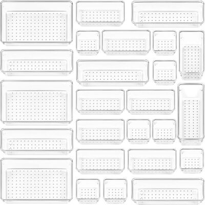 OEM Set Di 25 Organizzatori Per Cassetti - 4 Dimensioni, Contenitori Per Cassetti In Plastica Trasparente - Perfetti Per Bagno, Toeletta, Ufficio, Cucina OEM Set Di 25 Organizzatori Per Cassetti - 4 Dimensioni, Contenitori Per Cassetti In Plastica Trasparente - Perfetti Per Bagno, Toeletta, Ufficio, Cucina