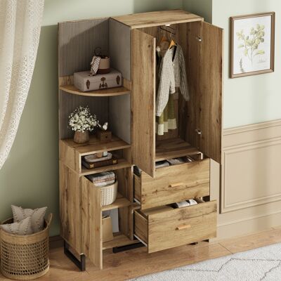 MODENVIE Mobile Da Ingresso Con 1 Anta, 2 Cassetti, Vani Aperti E Appendiabiti Estraibile, Mdf, Nero E Naturale, 110 × 38 × 186 Cm MODENVIE Mobile Da Ingresso Con 1 Anta, 2 Cassetti, Vani Aperti E Appendiabiti Estraibile, Mdf, Nero E Naturale, 110 × 38 × 186 Cm