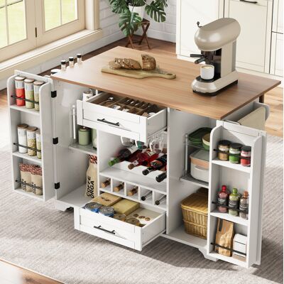 COVREO Carrello Da Cucina 138x45x92 Cm Bianco E Naturale In Mdf Con Piano Ribaltabile E Portabottiglie COVREO Carrello Da Cucina 138x45x92 Cm Bianco E Naturale In Mdf Con Piano Ribaltabile E Portabottiglie