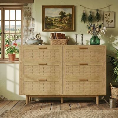 DANS LES NUAGES Comò A 5 Cassetti In Rattan E Legno Massello, Mobile Contenitore A Buffet In Stile Rustico Country, 115x40x80 Cm - Naturale DANS LES NUAGES Comò A 5 Cassetti In Rattan E Legno Massello, Mobile Contenitore A Buffet In Stile Rustico Country, 115x40x80 Cm - Naturale