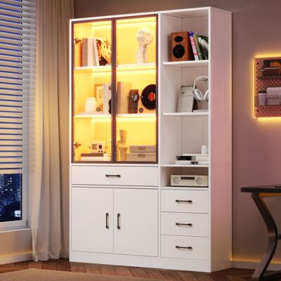 COVREO Vetrina Libreria 120x35x200 Cm Bianca In Pannello Truciolare Con Led, 4 Cassetti E 2 Ante In Vetro COVREO Vetrina Libreria 120x35x200 Cm Bianca In Pannello Truciolare Con Led, 4 Cassetti E 2 Ante In Vetro