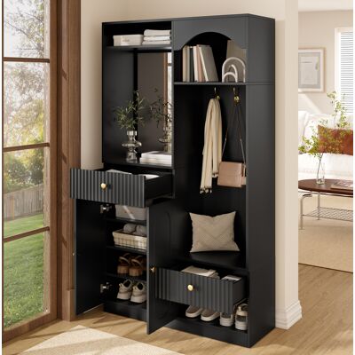 HAUSS SPOLE Appendiabiti Compatto Da Ingresso Con Specchio, Panca, Appendiabiti, Contenitore E Scarpiera, Nero HAUSS SPOLE Appendiabiti Compatto Da Ingresso Con Specchio, Panca, Appendiabiti, Contenitore E Scarpiera, Nero