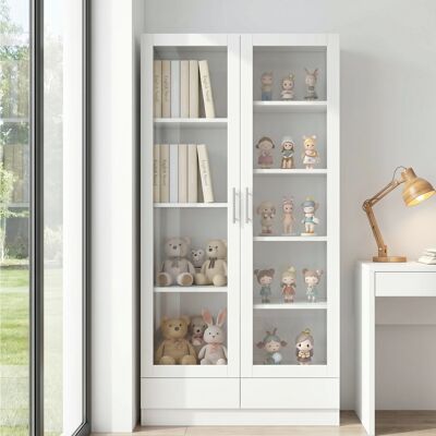 LONELYO Mobiletto Multiuso Vetrina 80x40x160 Cm Con 2 Cassetti E Ante In Vetro Stile Moderno Bianco LONELYO Mobiletto Multiuso Vetrina 80x40x160 Cm Con 2 Cassetti E Ante In Vetro Stile Moderno Bianco