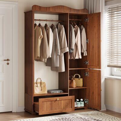 MODENVIE Armadio Aperto Con 2 Ante, 1 Cassetto, Barra Appendiabiti E Specchio Integrato, Mdf Noce, 115.5 X 38.5 X 194.5 Cm MODENVIE Armadio Aperto Con 2 Ante, 1 Cassetto, Barra Appendiabiti E Specchio Integrato, Mdf Noce, 115.5 X 38.5 X 194.5 Cm