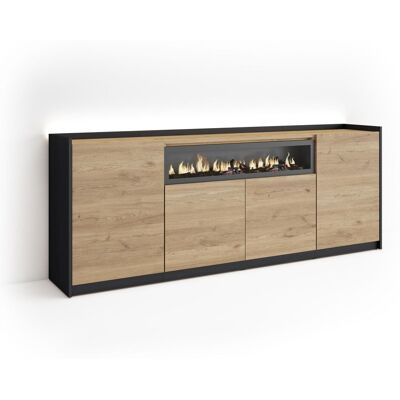 SKRAUT HOME - Credenza, Mobile, Cucina, Madia, Mobile Ingresso, 207x37x80cm, 4 Porte, Camino Elettrico, Led, Stile Moderno, Rovere E Nero SKRAUT HOME - Credenza, Mobile, Cucina, Madia, Mobile Ingresso, 207x37x80cm, 4 Porte, Camino Elettrico, Led, Stile Moderno, Rovere E Nero